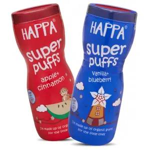 Happa Organic Multigrain Melts Teething Super Puffs (Healthy Organic Snack for Little One, 8 Months+) Vanilla & Blueberry + Apple & Cinnamon (Pack of 2)