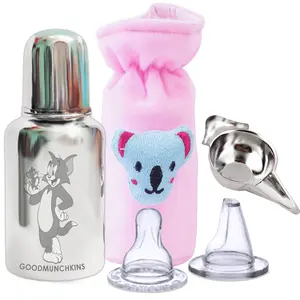 Goodmunchkins Stainless Steel Baby Feeding Bottle 304 Grade Steel/Anti Colic Silicone Nipple/Velvet Bottle Cover/Steel Chakku (4 Items)