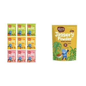 Slurrp Farm Fruit and Vegetable Teething Puffs, Baked Puff in Yummy Flavours- Carrot, Strawberry & Banana, Mango, Pack of 9 & Slurrp Farm Natural Jaggery Powder, 300 G