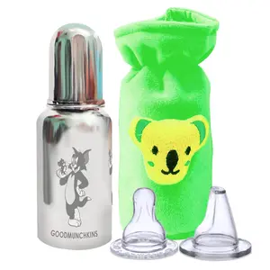 Goodmunchkins Stainless Steel Baby Feeding Bottle with Antic Colic Silicone Nipple & Teat with Velvette Bottle Carry Bag (Pack of 3) (220 Green)