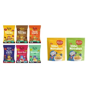 Slurrp Farm Healthy Breakfast and Snacks Trial Pack Combo, 300g (Pack of 6, 50g each) & Slurrp Farm No Maida Millet Noodles | Pack of 2-192g Each