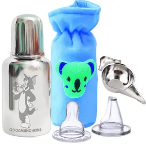 Goodmunchkins Stainless Steel Baby Feeding Bottle 304 Grade Steel/Anti Colic Silicone Nipple/Velvet Bottle Cover/Steel Chakku (4 Items)