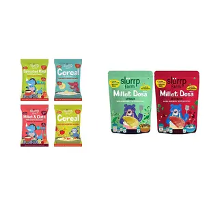 Slurrp Farm No Sugar, No Salt First Foods Cereal Trial Pack Combo | | Made with Ragi, Oats, Jowar, Real Fruits, Vegetables, Dals| 50 g*4 & Slurrp Farm Millet Dosa Instant Mix, 150g (Pack of 2)