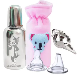 Goodmunchkins Stainless Steel Baby Feeding Bottle 304 Grade Steel/Anti Colic Silicone Nipple/Velvet Bottle Cover/Steel Chakku (4 Items)