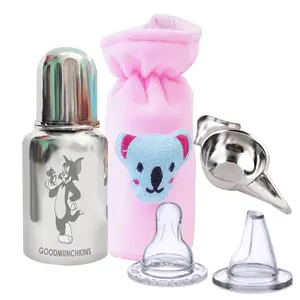 Goodmunchkins Stainless Steel Baby Feeding Bottle 304 Grade Steel/Anti Colic Silicone Nipple/Velvet Bottle Cover/Steel Chakku (4 Items)