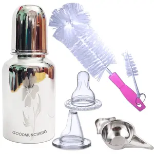 Goodmunchkins Stainless Steel Feeding Bottle with Bottle Cleaning Brush/Chakku/Anti Colic Silicone Nipple-304 Grade Steel Joint Less