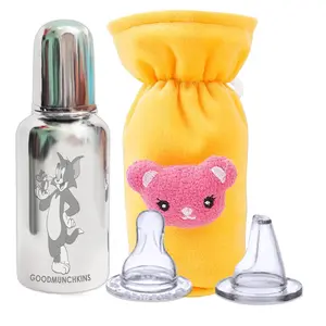 Goodmunchkins Stainless Steel Baby Feeding Bottle with Antic Colic Silicone Nipple & Teat with Velvette Bottle Carry Bag (Pack of 3) (220 Yellow)