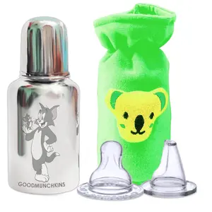 Goodmunchkins Stainless Steel Baby Feeding Bottle with Antic Colic Silicone Nipple & Teat with Velvette Bottle Carry Bag (Pack of 3) (300 Green)