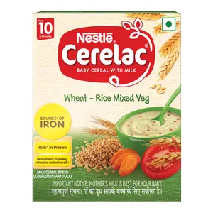 CERELAC Baby Cereal with Milk , Wheat - Rice Mixed Veg , From 10 to 24 Months , Stage 3, Source of Iron & Protein , 300g Bag-In-Box Pack