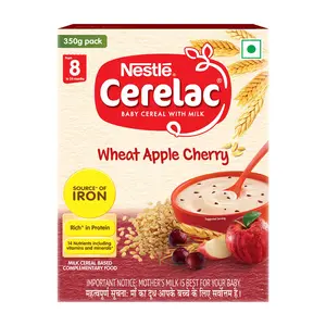 CERELAC Baby Food Cereal | Wheat Apple Cherry for 8 to 24 Months Baby | Source of Iron & Protein | Instant Baby Food Cereal | 350g