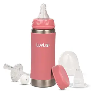LuvLap 4 in 1 Steel Baby Sipper Made of SS304 Rust Free Steel Heat Protective Silicone Cover BPA Free Odour Free Spout Weighted Straw & Cap Pink 3M+ 240ml