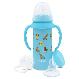 LuvLap 4 in 1 Slim Neck Steel Baby Bottle Cum Sipper with Handle, Made of SS304 Rust Free Steel, BPA Free, Odour Free, Anti Colic Nipple, Spout, Weighted Straw & Cap, Blue, 3M+, 240 ml