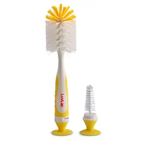 LuvLap 2- in -1 Bristle Baby Feeding Bottle Plastic Cleaning Brush&Nipple Cleaner,Grooved Handle with Suction Base,Easy to Clean Bottle Corners for Narrow Neck&Wide Neck Feeding Bottles,Yellow