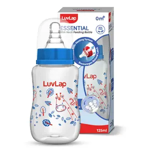 LuvLap Baby Essential Slim Neck Feeding Bottle, 125ml, Jungle Tales, with anti Colic Nipple, New Born / Infants / Toddler upto 3 years, BPA Free, , Blue