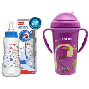 Luvlap Tiny Giffy Sipper, 300ml with Slim Neck Feeding Bottle, 250ml