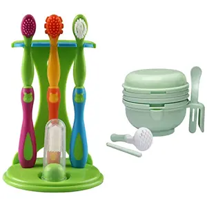 LuvLap 9 in 1 Baby Food Masher Mill (Light Green) & 4 Stage Baby Oral Care Set