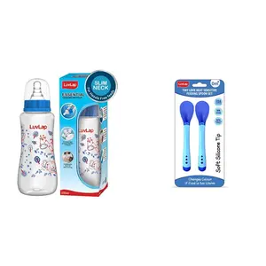 Luvlap Anti-Colic Slim Regular BPA-Free Neck Essential Baby Feeding Bottle, 250ml, Blue & Tiny Love Heat Sensitive Baby Feeding Spoons Set, 2 pcs, Blue
