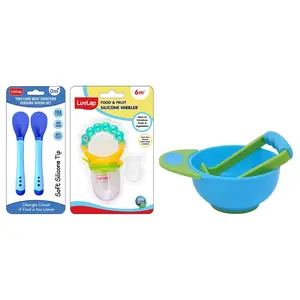 LuvLap Baby Food Grinding Cum Feeding Bowl (Green & Blue) & LuvLap Tiny Love Heat Sensitive Baby Feeding Spoons Set, 2 pcs, Blue & LuvLap Pearly Food & Fruit Nibbler