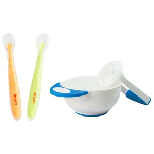 LuvLap Baby Feeding Spoon Set of 2 with Ultra Supple 100% Silicone Tip, BPA Free with Food Grade Silicone tip, for Kids 4 Months+ (Green & Pink) & Baby Food Grinding Cum Feeding Bowl (White & Blue)