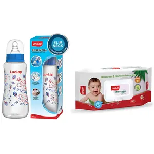Luvlap Anti-Colic Slim Regular BPA-Free Neck Essential Baby Feeding Bottle, 250ml, Blue & Paraben Free Wipes for Baby Skin with Aloe Vera, 72 Wipes with Lid Pack