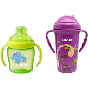 LuvLap Hippo Sipper/Sippy Cup 225ml, Anti-Spill Design with Soft Silicone Spout, 6m+ (Green) Tiny Giffy Sipper/Sippy Cup 300ml, Anti-Spill Design with Soft Silicone Straw, 18m+ (Purple
