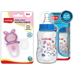 Luvlap Bunny Food & Fruit Nibbler & Anti-Colic Slim Regular Neck Essential BPA-Free Baby Feeding Bottle, 125Ml, Blue