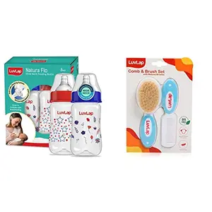 LuvLap Anti-Colic Wide Neck Natura Flo Baby Feeding Bottle 250ml & LuvLap Baby Comb with Rounded Tip & Baby Hair Brush with Natural Bristles