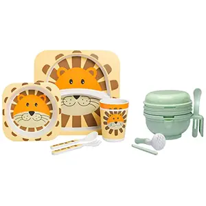 LuvLap Bamboo Baby Tableware Set Self Feeding Baby Utensil Set of 5 Pcs Baby Utensil with Multicolour Cartoon Motifs (Lion) & 9 in 1 Baby Food Masher Mill (Light Green)