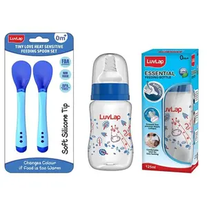 LuvLap Tiny Love Heat Sensitive Baby Feeding Spoons Set, 2 pcs, Blue & Anti-Colic Slim Regular Neck Essential BPA-Free Baby Feeding Bottle, 125ml, Blue