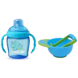 Luvlap Hippo Sipper Blue & LuvLap Baby Food Grinding Cum Feeding Bowl, Portable Baby Food Masher & Serving Bowl for Baby weaning Food Preparation (Green & Blue)