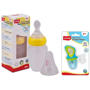 LuvLap Silicone Food/Fruit Nibbler with Extra Mesh, Soft Pacifier/Feeder, Teether for Infant Baby, Elegant Blue, Bpa Free Feeding Spoon with Squeezy Food Grade Silicone Feeder Bottle,180Ml