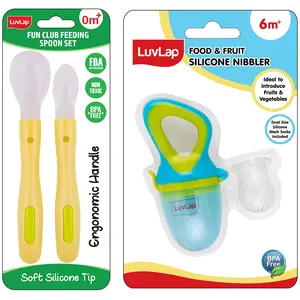 Luvlap Fun Club Baby Silicone Spoon Set 2 pcs, Green & Silicone Food/Fruit Nibbler with Extra Mesh, Soft Pacifier/Feeder, Teether for Infant Baby, Infant, Elegant Blue, BPA Free