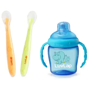 LuvLap Baby Feeding Spoon Set of 2 with Ultra Supple 100% Silicone Tip, Self Feeding Utensil, Baby Weaning Spoon for Kids 4 Months+ (Green & Pink) & LuvLap Hippo Sipper Blue