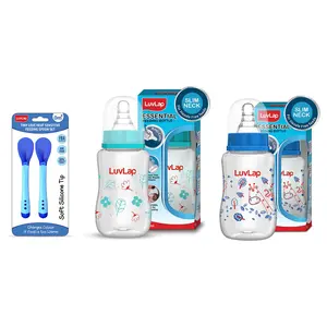 LuvLap Tiny Love Heat Sensitive Baby Feeding Spoons Set, 2 pcs, Blue & Anti-Colic Slim Wild Flowers, Regular Neck Baby Feeding Bottle, 125ml, Green & Anti-Colic Slim Baby Feeding Bottle, 125ml, Blue
