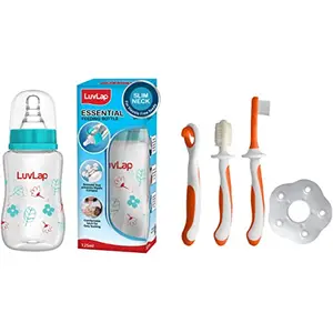 LuvLap Baby Training Toothbrush Set 3 pcs (White/Orange) & Anti-Colic Slim Wild Flowers BPA-Free Regular Neck Baby Feeding Bottle 125ml Green