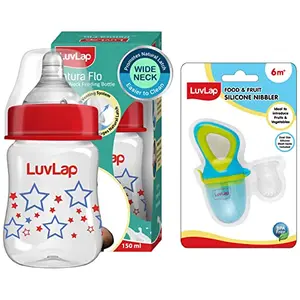LuvLap Silicone Food/Fruit Nibbler with Extra Mesh Elegant Blue & Luvlap Anti-Colic Wide Neck Natura Flo Baby Feeding Bottle 150ml Stars