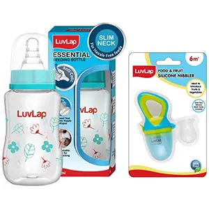 LuvLap Silicone Food/Fruit Nibbler with Extra Mesh Elegant Blue & Luvlap Anti-Colic Slim Wild Flowers BPA-Free Regular Neck Baby Feeding Bottle 125ml Green