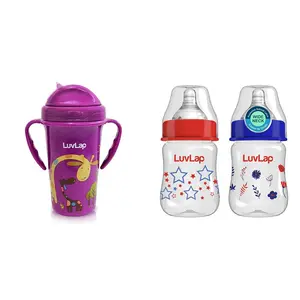 Luvlap Tiny Giffy Sipper, 300ml with Wide Neck Feeding Bottle, 250ml