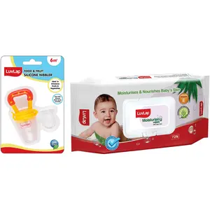 LuvLap Silicone Food/Fruit Nibbler with Extra Mesh, Soft Pacifier/Feeder, Joystar Yellow, BPA Free & LuvLap Paraben Free Wipes for Baby Skin with Aloe Vera, 72 Wipes with Lid Pack