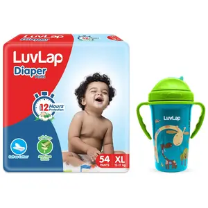 LuvLap Tiny Giffy Sipper for Infant/Toddler 300ml, Anti-Spill Sippy Cup with Soft Silicone Straw 18m+ (Green) Baby Diaper Pants XL Size (12-17kg), 54 Count, for Babies of 12 to 17Kg