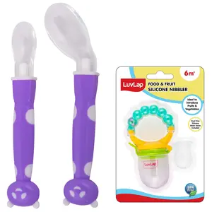 Luvlap Joy Star Baby Self Feeding Spoon Set, Soft Silicone Tip, BPA Free, 2 pcs, Magenta/White & LuvLap Pearly Food & Fruit Nibbler