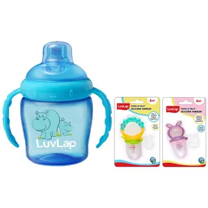 Luvlap Hippo Sipper Blue & Silicone Food/Fruit Nibbler with Extra Mesh, Soft Pacifier/Feeder, Teether for Infant Baby, Infant, Joystar Yellow, Bpa Free - 225 Ml