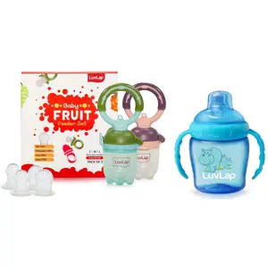 LuvLap Plastic Baby Food and Fruit Feeder Twin Pack with Three Feeder Sack Sizes, Bpa Free, Green & Pink & Hippo Sipper Blue - Bpa Free