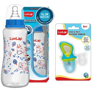 LuvLap Silicone Food/Fruit Nibbler with Extra Mesh, Elegant Blue, & Luvlap Anti-Colic Slim Regular BPA-Free Neck Essential Baby Feeding Bottle, 250ml, Blue