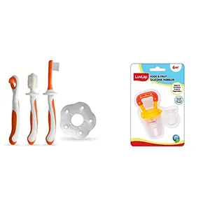 LuvLap Baby Training Toothbrush Set 3 pcs (White/Orange) & LuvLap Silicone Food/Fruit Nibbler