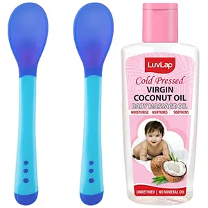LuvLap Tiny Love Heat Sensitive Baby Feeding Spoons Set 2 pcs Blue & Baby Hair & Skin Oil 100ml