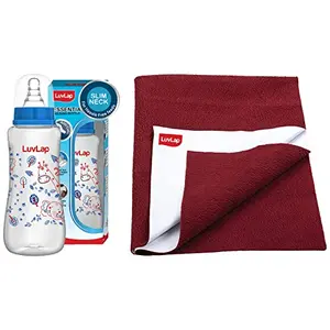 LuvLap Instadry Anti-Piling Fleece Extra Absorbent Quick Dry Sheet for Baby Pack of 1 Maroon & Anti-Colic Slim Regular BPA-Free Neck Essential Baby Feeding Bottle 250ml Blue