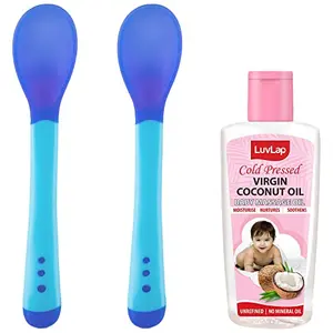 LuvLap Tiny Love Heat Sensitive Baby Feeding Spoons Set 2 pcs Blue & Baby Hair & Skin Oil 200ml