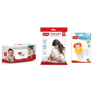 LuvLap Ultra Thin Honeycomb Nursing Breast Pads 48pcs & Silicone Food/Fruit Nibbler with Extra Mesh Joystar Yellow & Paraben Free Wipes 72 Wipes with Lid Pack
