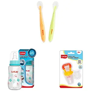 Luvlap Baby & Toddler Silicone Spoon & Training Cup Set & Pearly Food & Fruit Nibbler & Feeding Spoon with Squeezy Food Grade Silicone Feeder Bottle for Infant Baby 180ml BPA Free